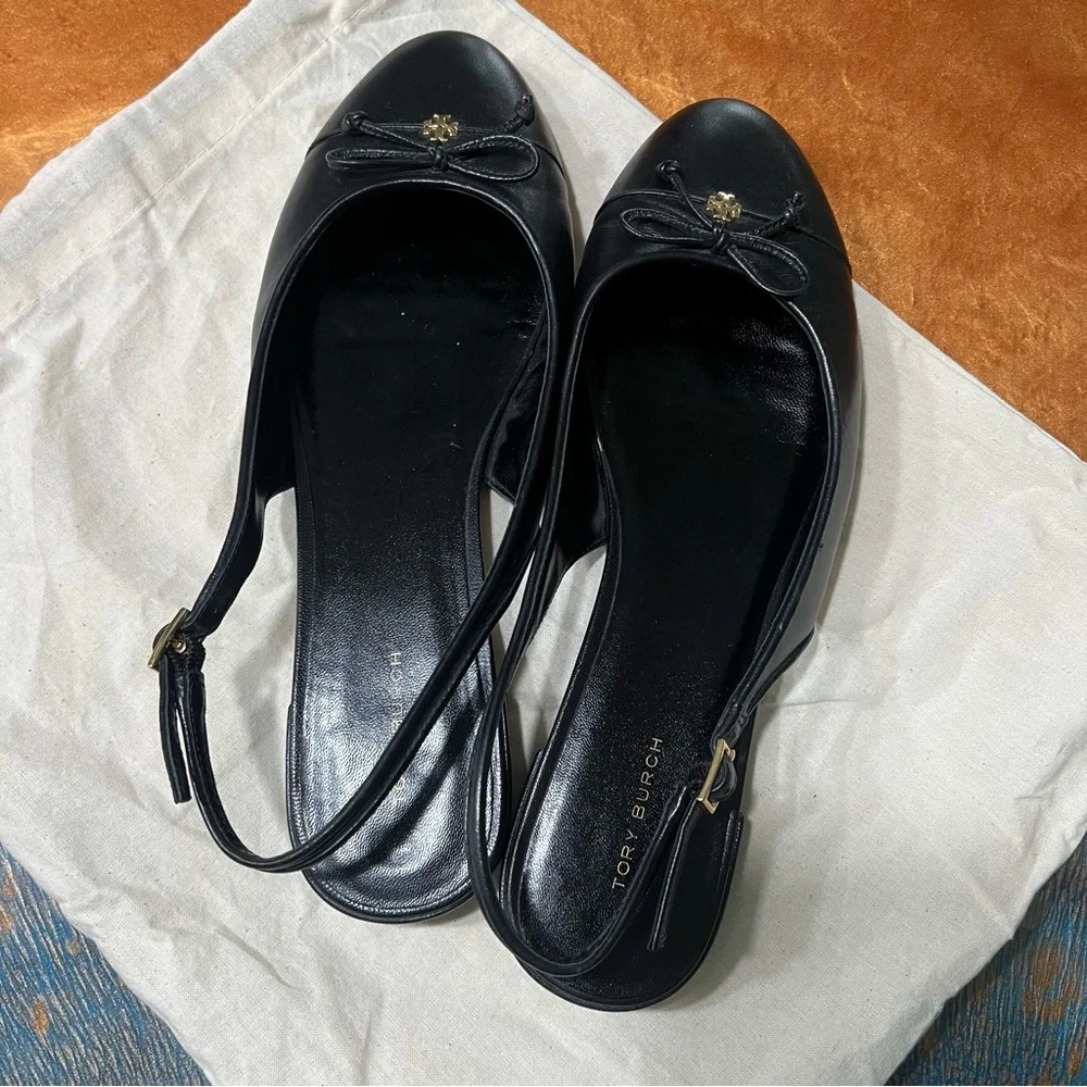 Tory Burch Slingback Cap toe Black Leather Flats gold logo size 9.5 leather sole